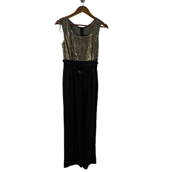 VINTAGE JOHN ROBERTS PETITE GOLD GLITTERY TOP & BLACK‎ FLOWY PANT JUMPSUIT - Picture 1 of 12